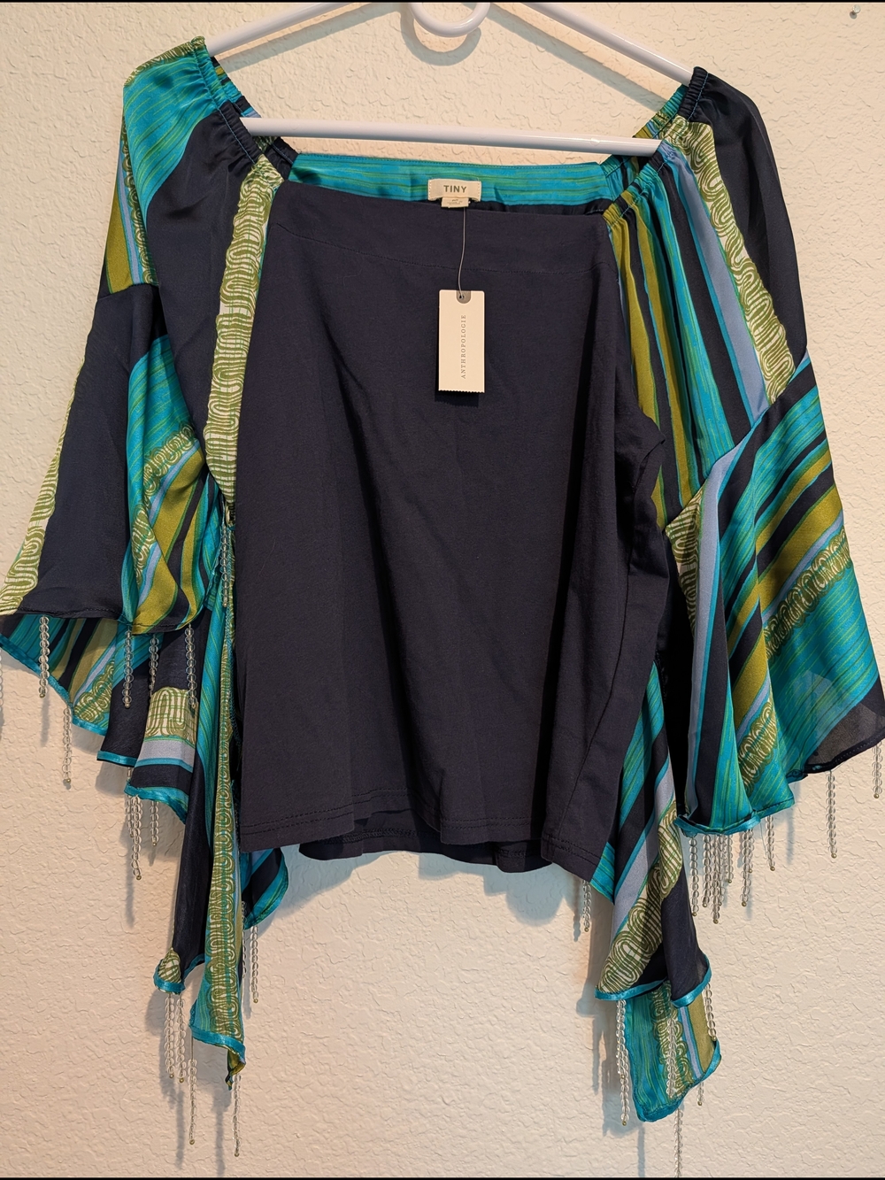 Anthropologie Navy Knit Top with Teal & Lime Striped Trim